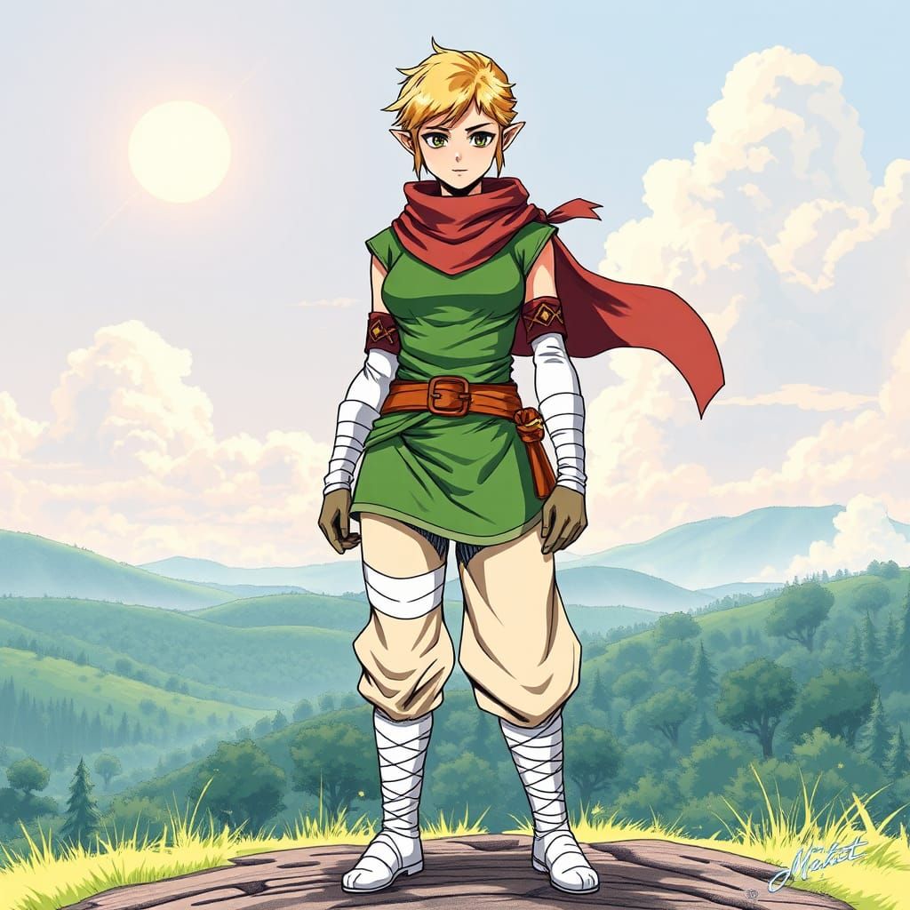 Heroic Female Warrior in Hyrule Landscape, Manga Style