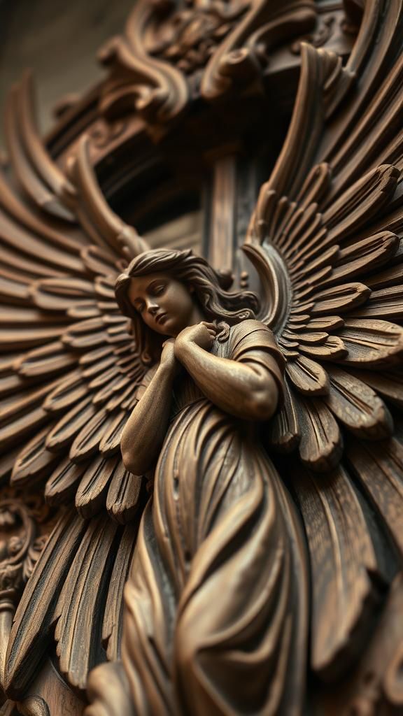Detailed Wood Carving of Angel with Wings
