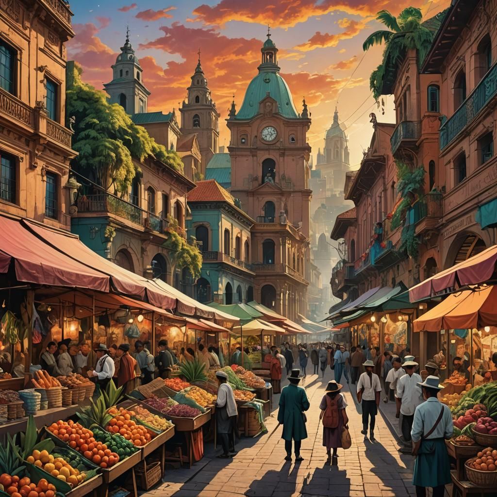 Bogotá Street Market, 19th Century Fantasy Concept Art