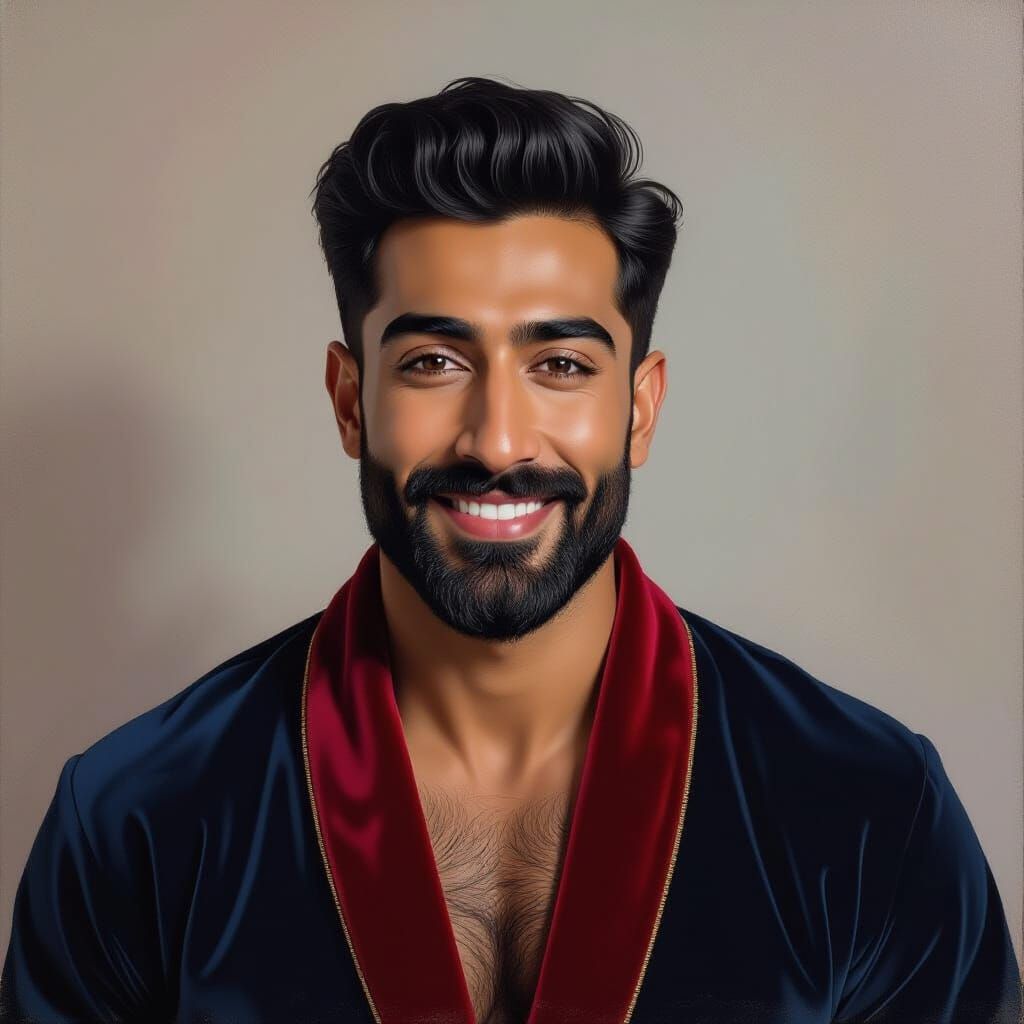 Pakistani Indian Man in Velvet Robe, Impasto Acrylic Style
