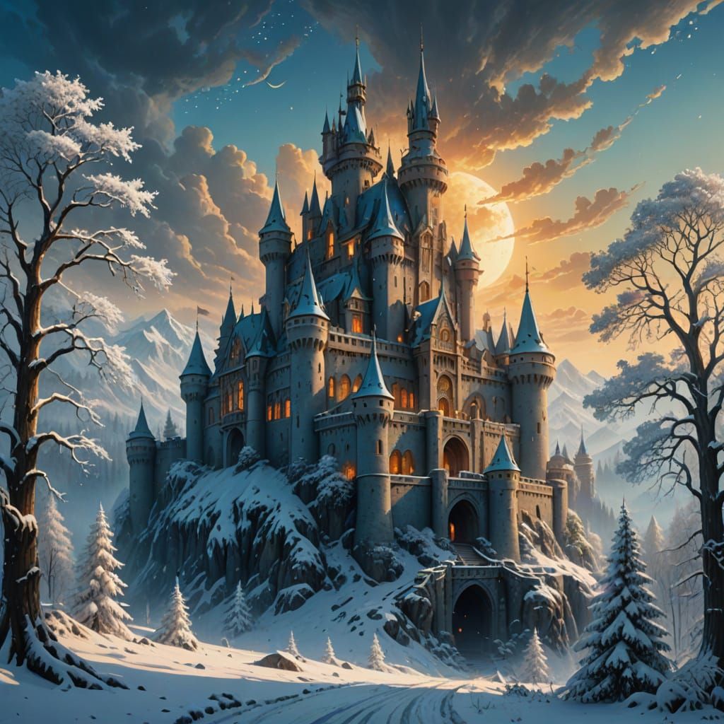 Ethereal Winter Castle in Vibrant Oil Painting