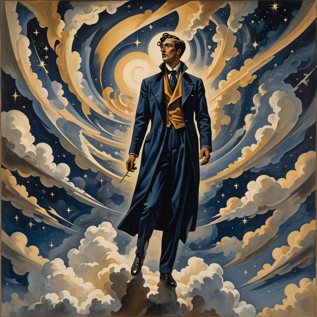 Geometric Figure Amidst Swirling Clouds in Vorticism Style