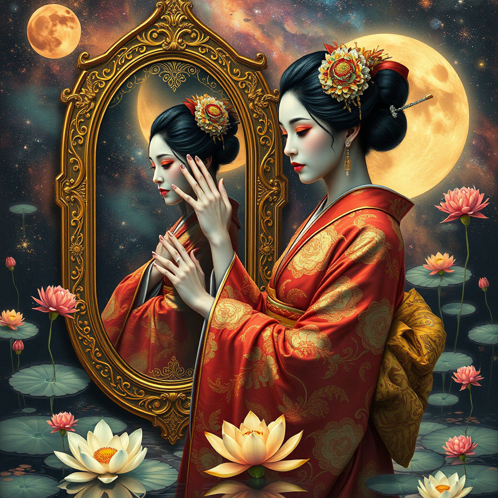 Geisha in Mirrored Reflection: Dark Fantasy Digital Art