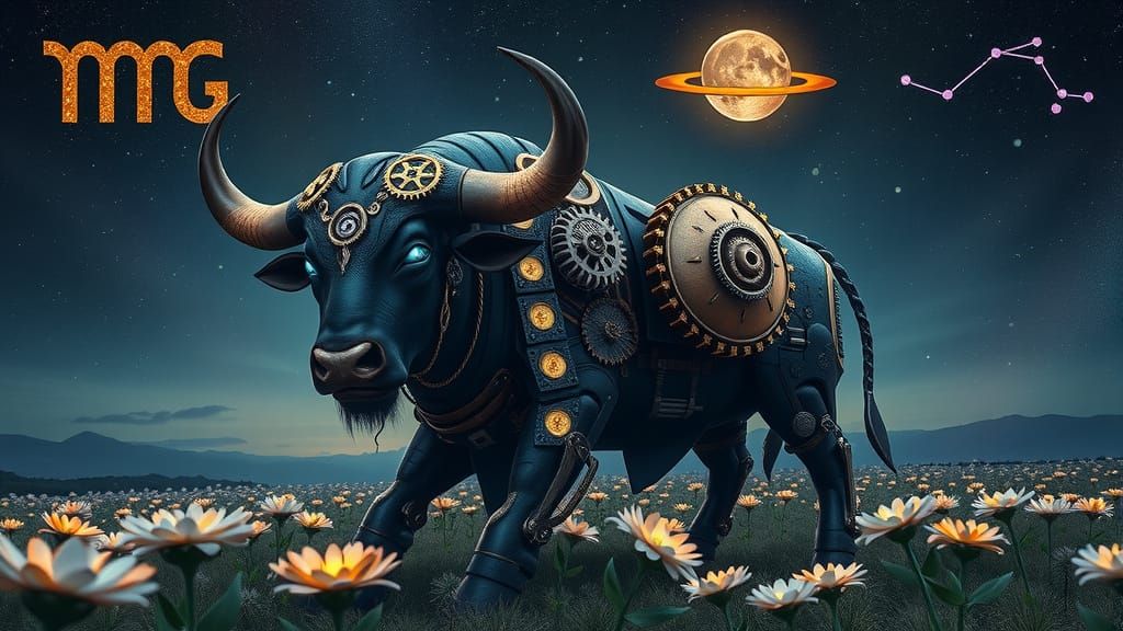 Divine Steampunk Bull Under Celestial Sky