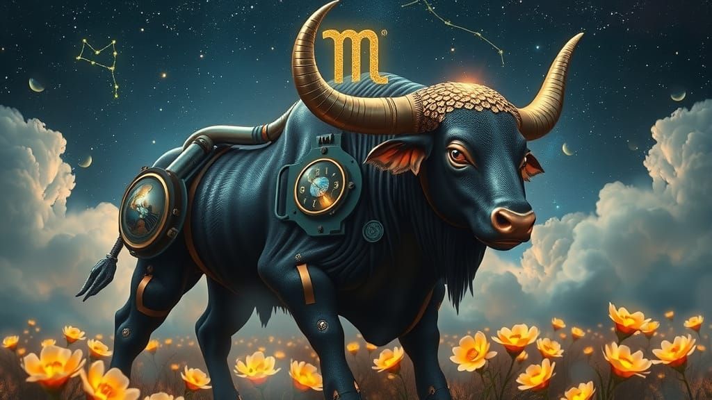 Cyberpunk Divine Bull in Cosmic Landscape