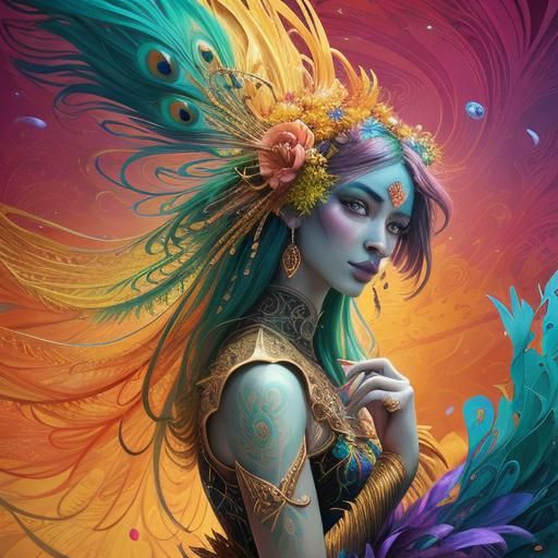 Dragon Peacock Woman in Abstract Fauvism Style