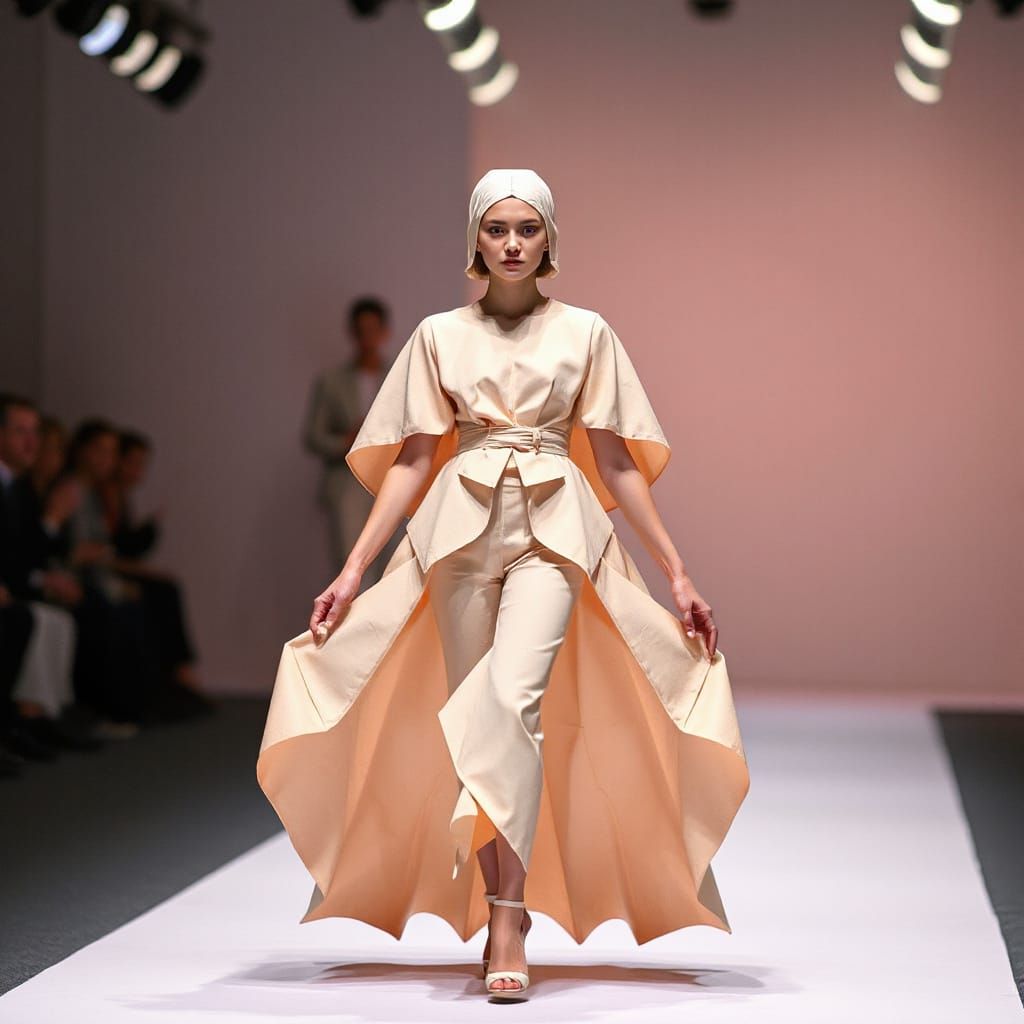 High Fashion Origami Model on Catwalk in 8K