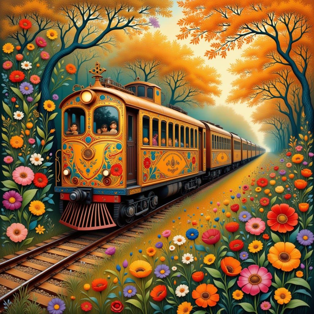 Floral Train Journey in Art Nouveau Style