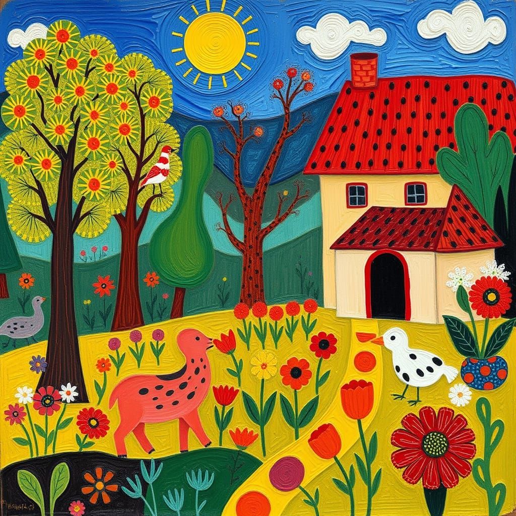 Vibrant Folk Art Scene in Naive Style
