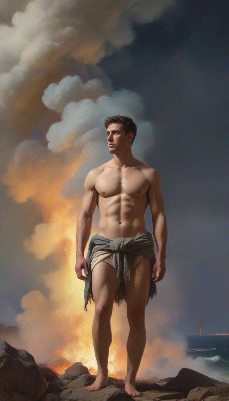 Sleek Male Figure Amidst Pillars of Cloud and Fire