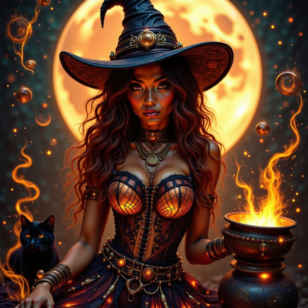 Steampunk Sorceress with Glowing Runes and Wiccan Symbols