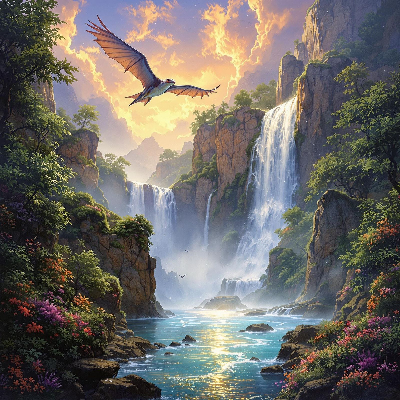 Majestic Pterodactyl Soars Over a Shimmering Waterfall in Lu...