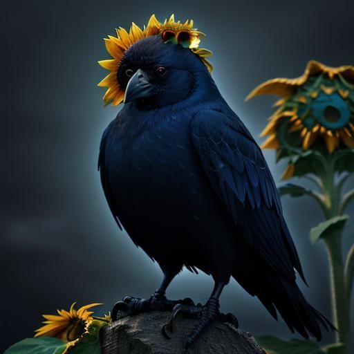 Hyperrealistic Crow on Sunflower Under Blue Moon