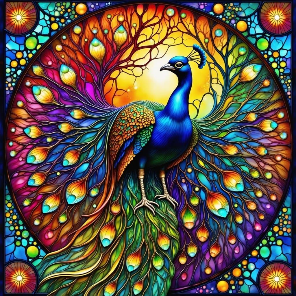 Stained Glass Peacock with Vivid Colors