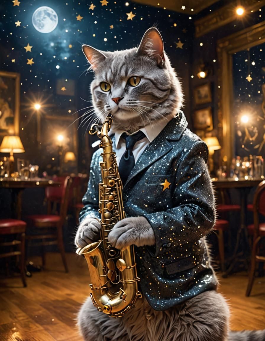 Cat Saxophonist in Smoky Jazz Club