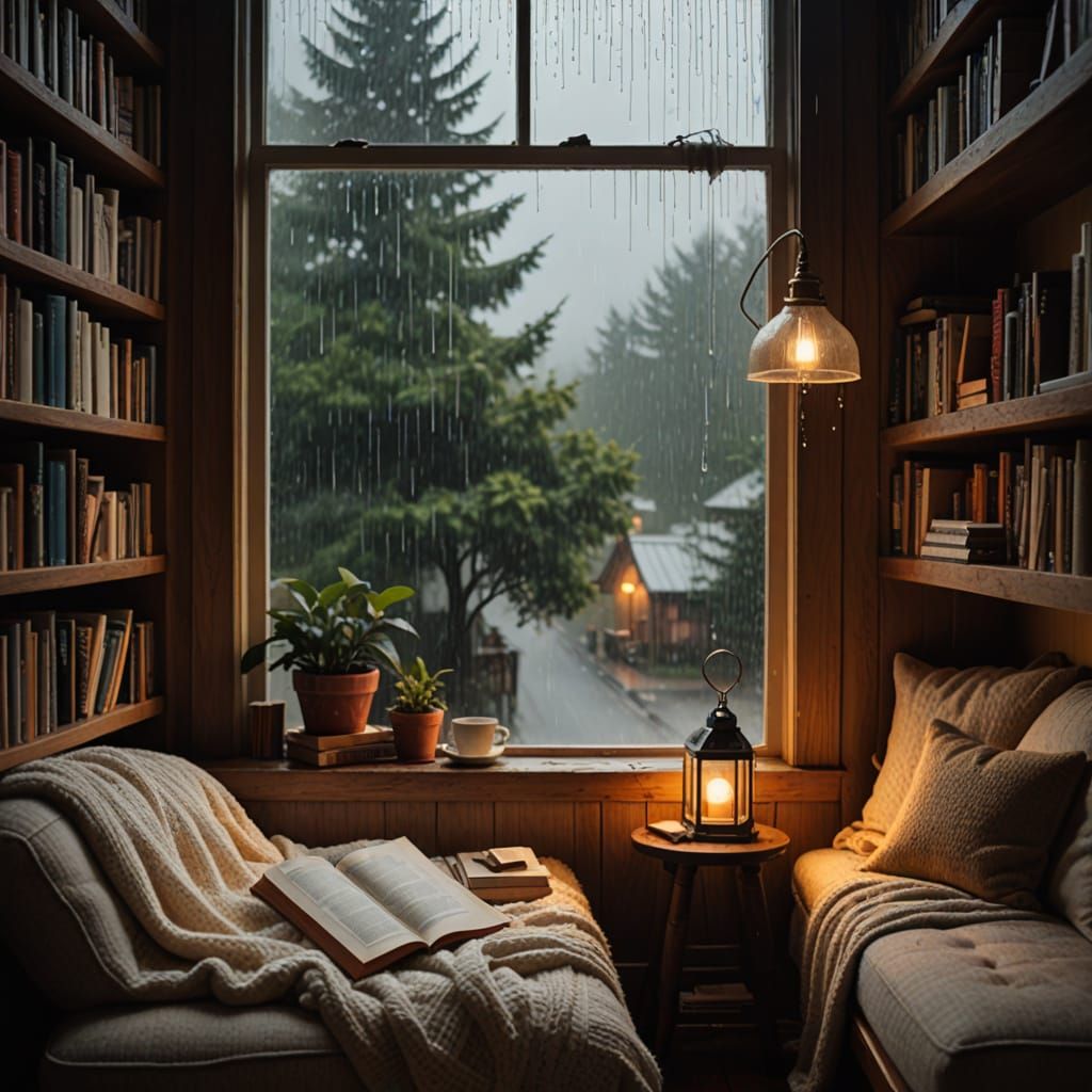 Cozy Rainy Day Reading Nook with Golden Light