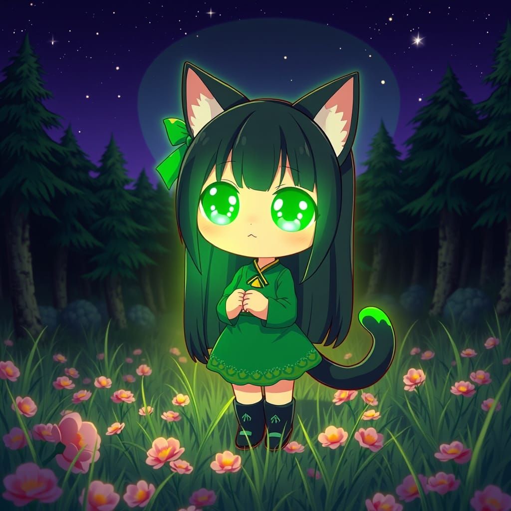 Neon Catgirl Illuminates Forest in Synthwave Style