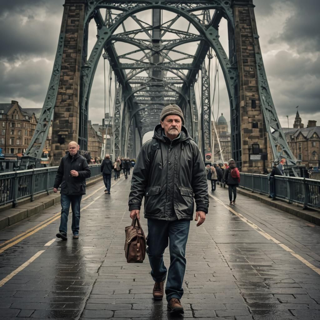 Geordie Man at Tyne Bridge: Hyperrealistic Image