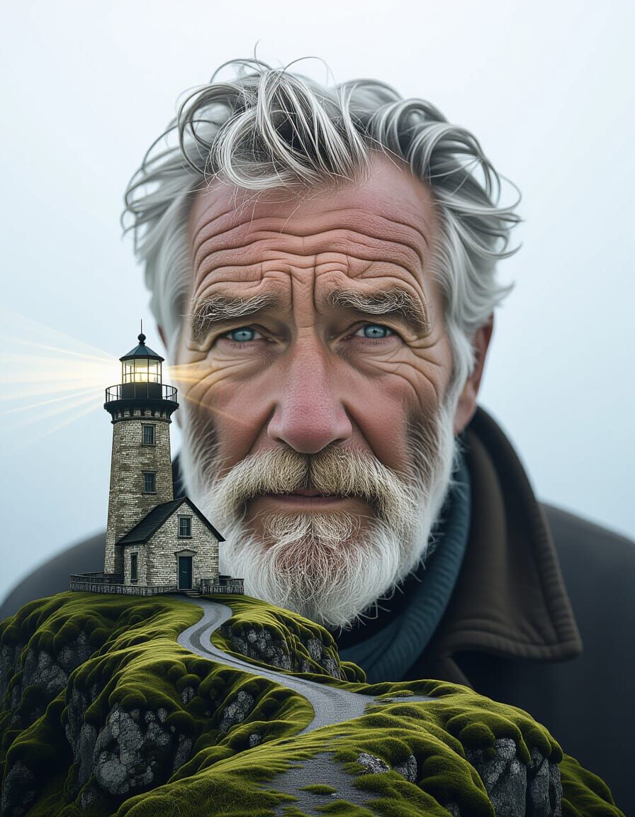 Surreal Double Exposure: Sailor and Lighthouse