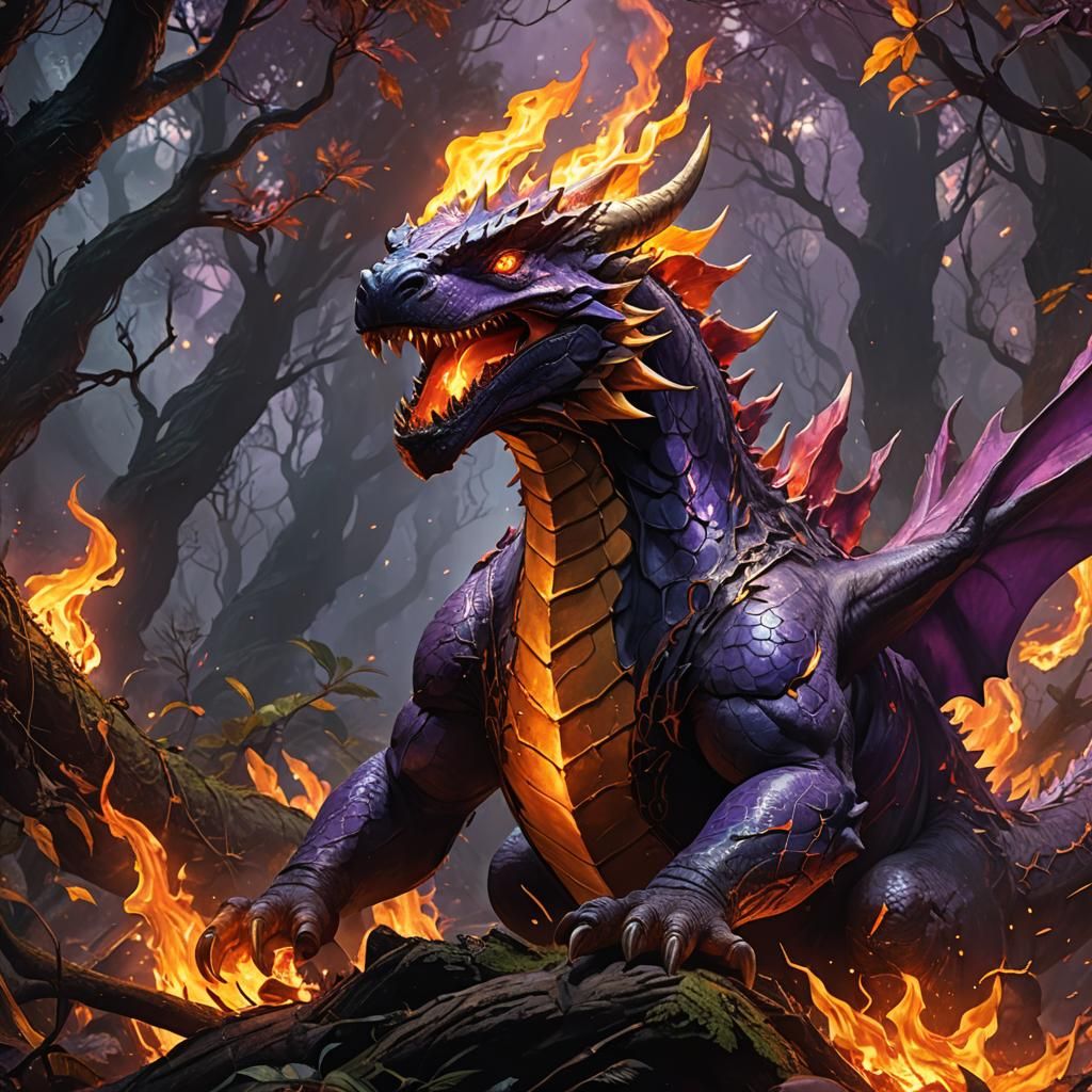 Charazard Breathes Fire in Dark Fantasy Forest