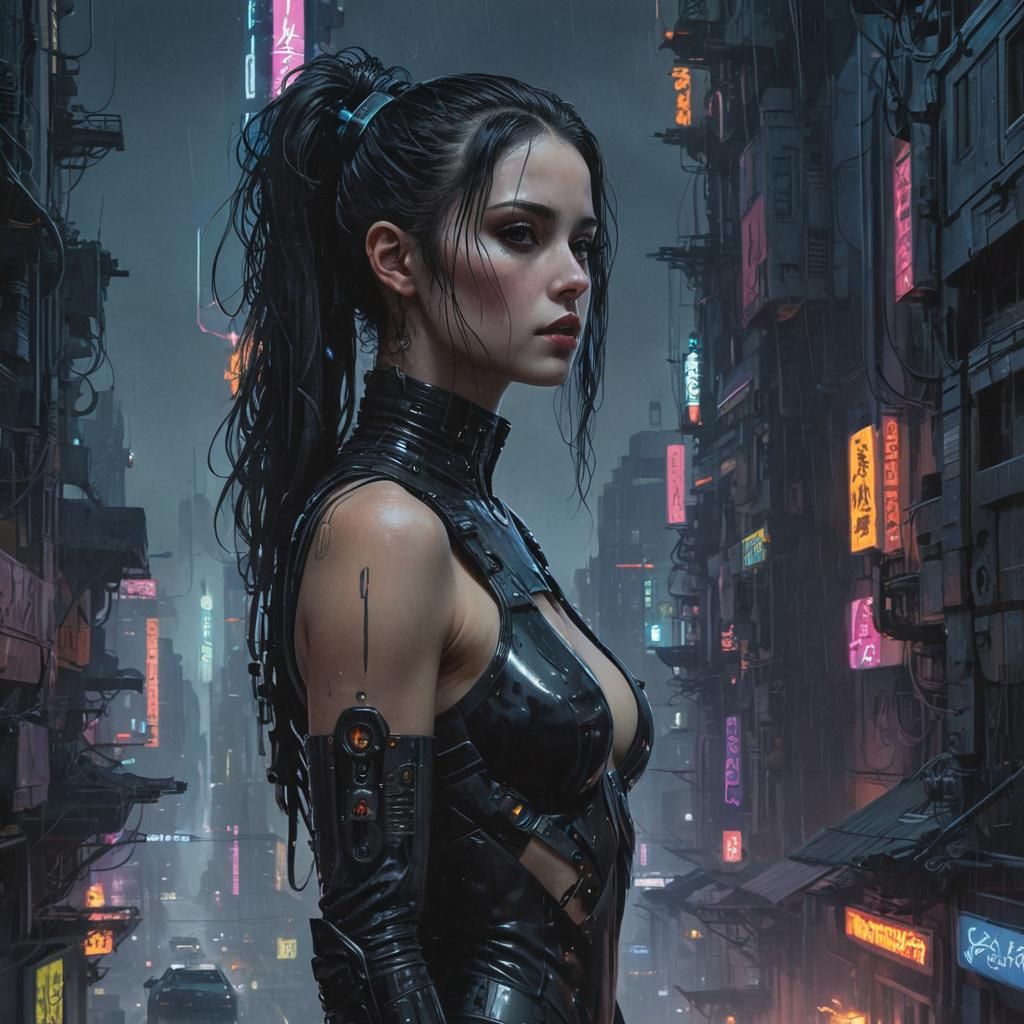 Gothic Sci-Fi Woman in Cyberpunk Cityscape