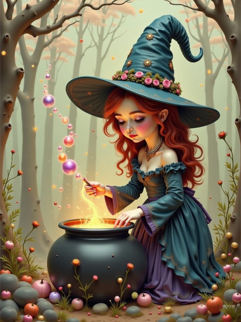 Whimsical Witch Brews Galaxies in Enchanted Forest