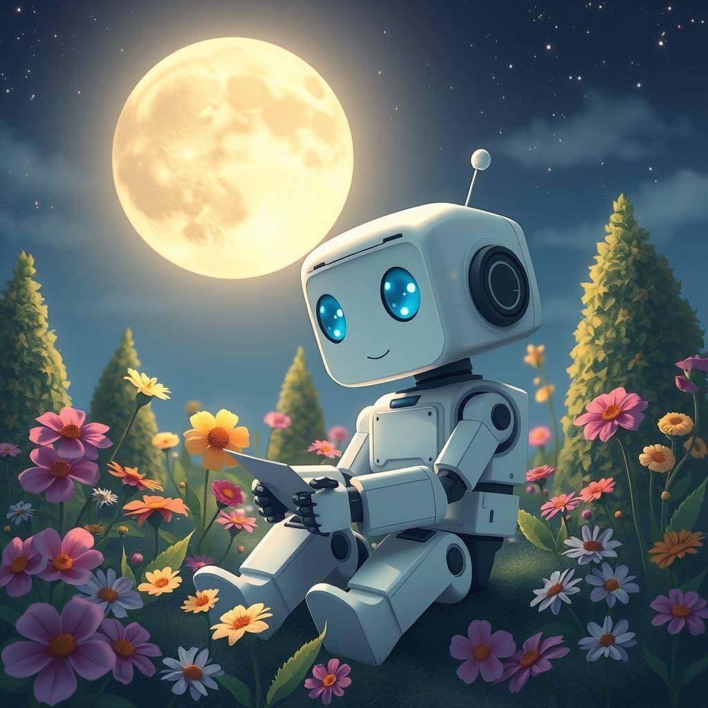 Robot in Dreamy Garden Under Moonlit Sky