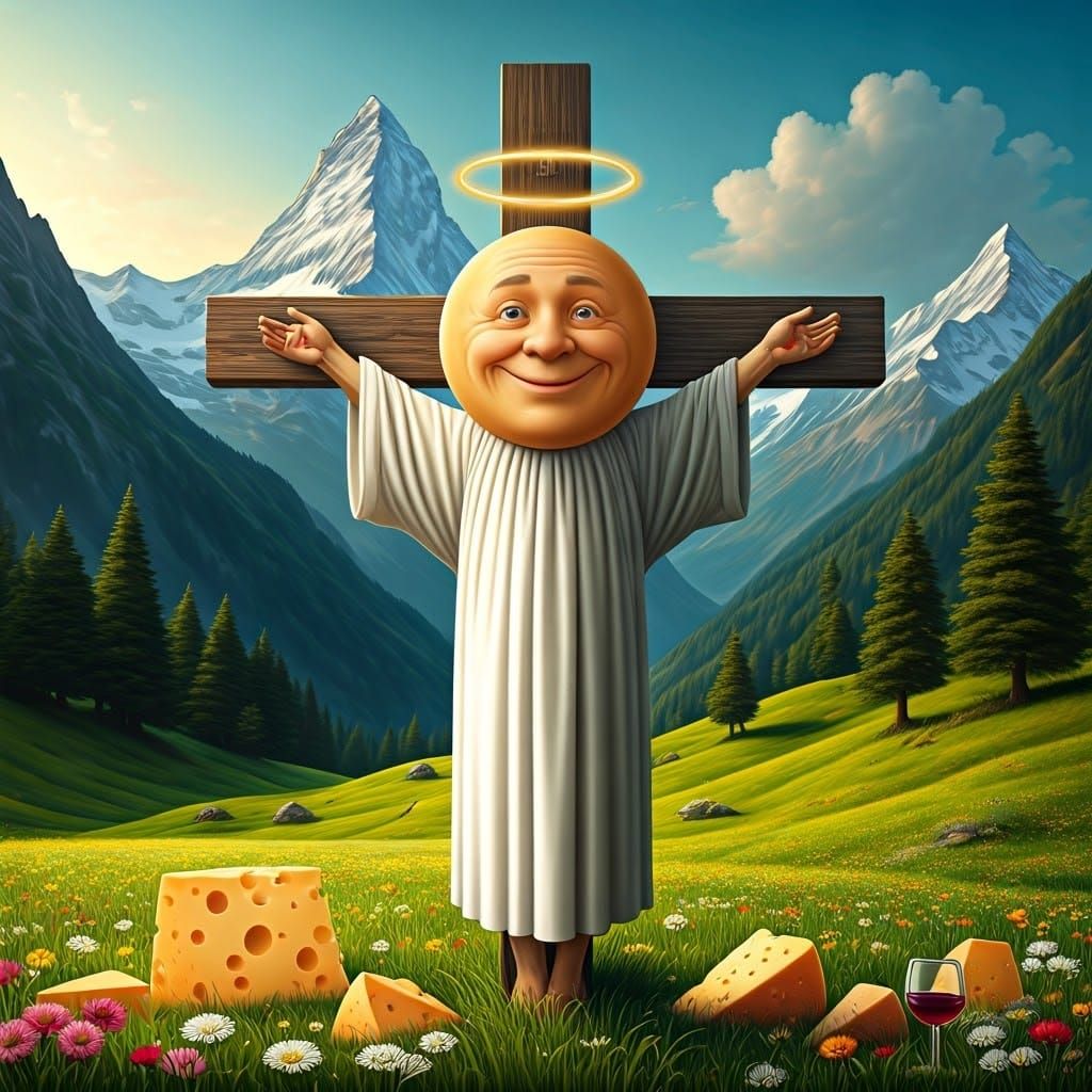 Surreal Cheesus in Alpine Meadow, Magritte Style