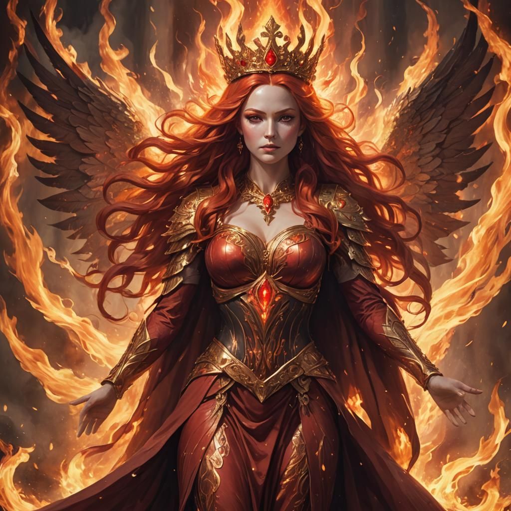 Image of the goddess of fire, standing majestically with a f...