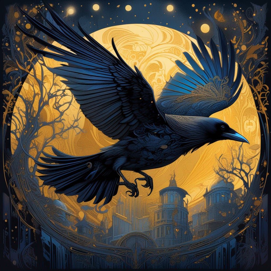 Raven in Flight Before Moon, Digital Painting