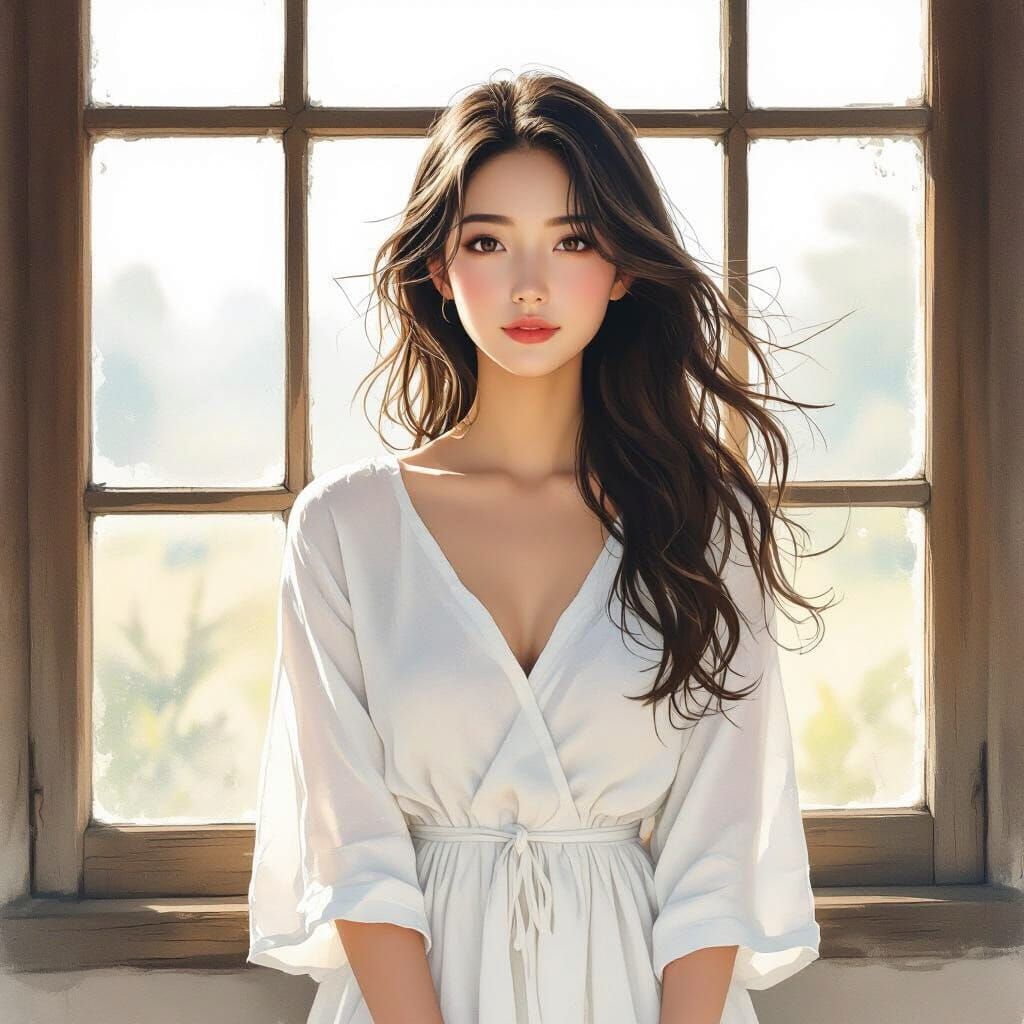 Contemplative Woman with Flowing Hair, Watercolor and Digita...