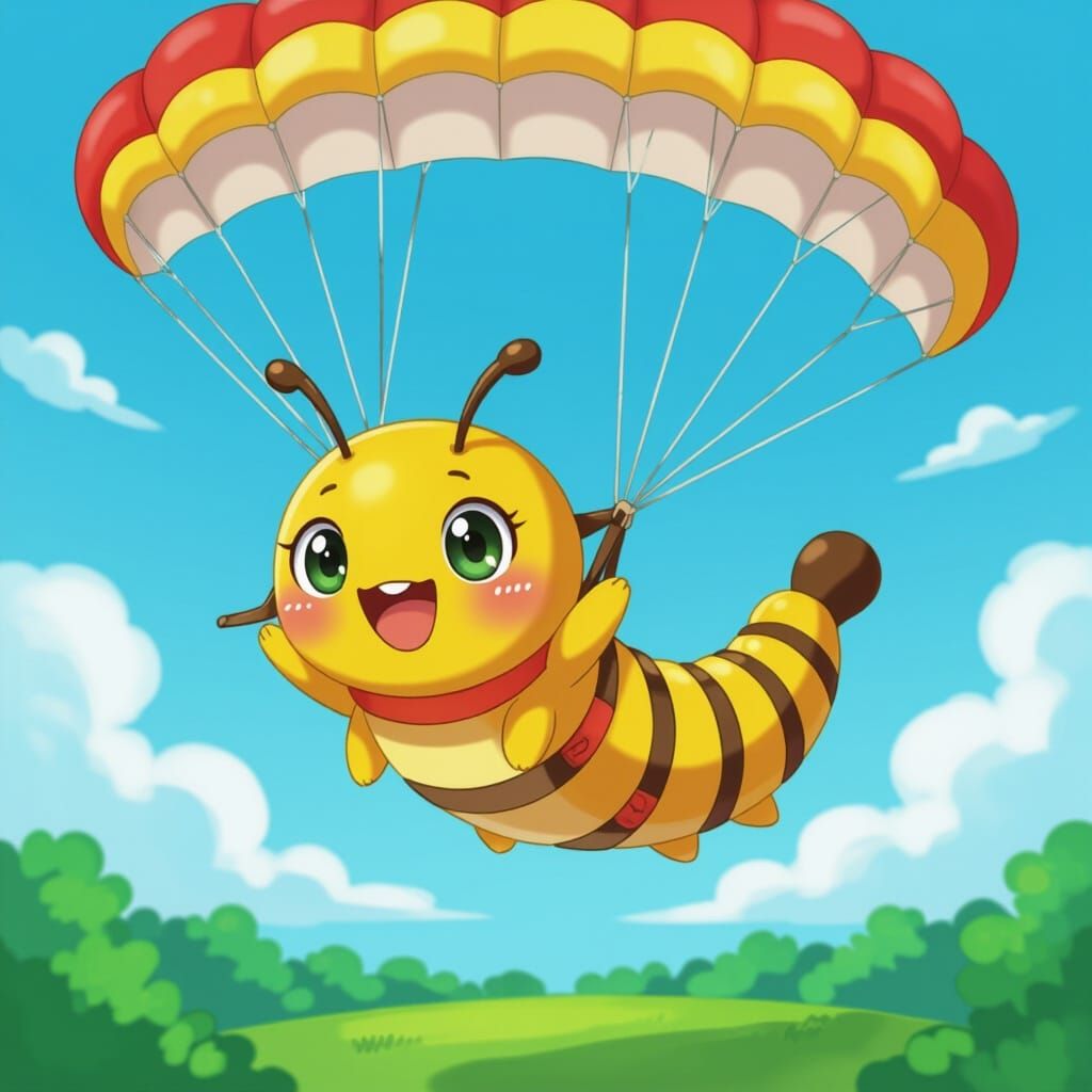 Excited Caterpillar Skydiving in Kawaii Anime Style