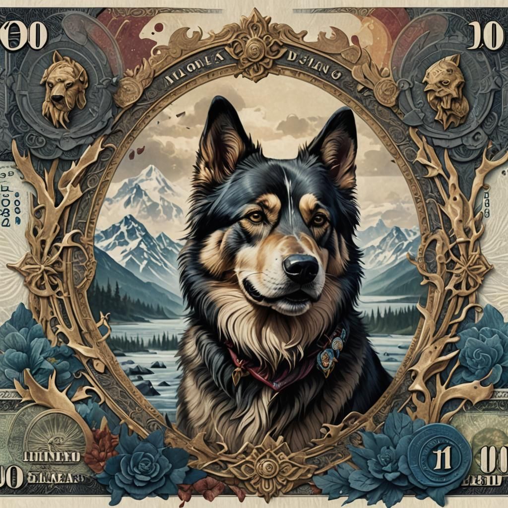 Alaskan Malamute Dog Art Banknote in Detailed Matte Style