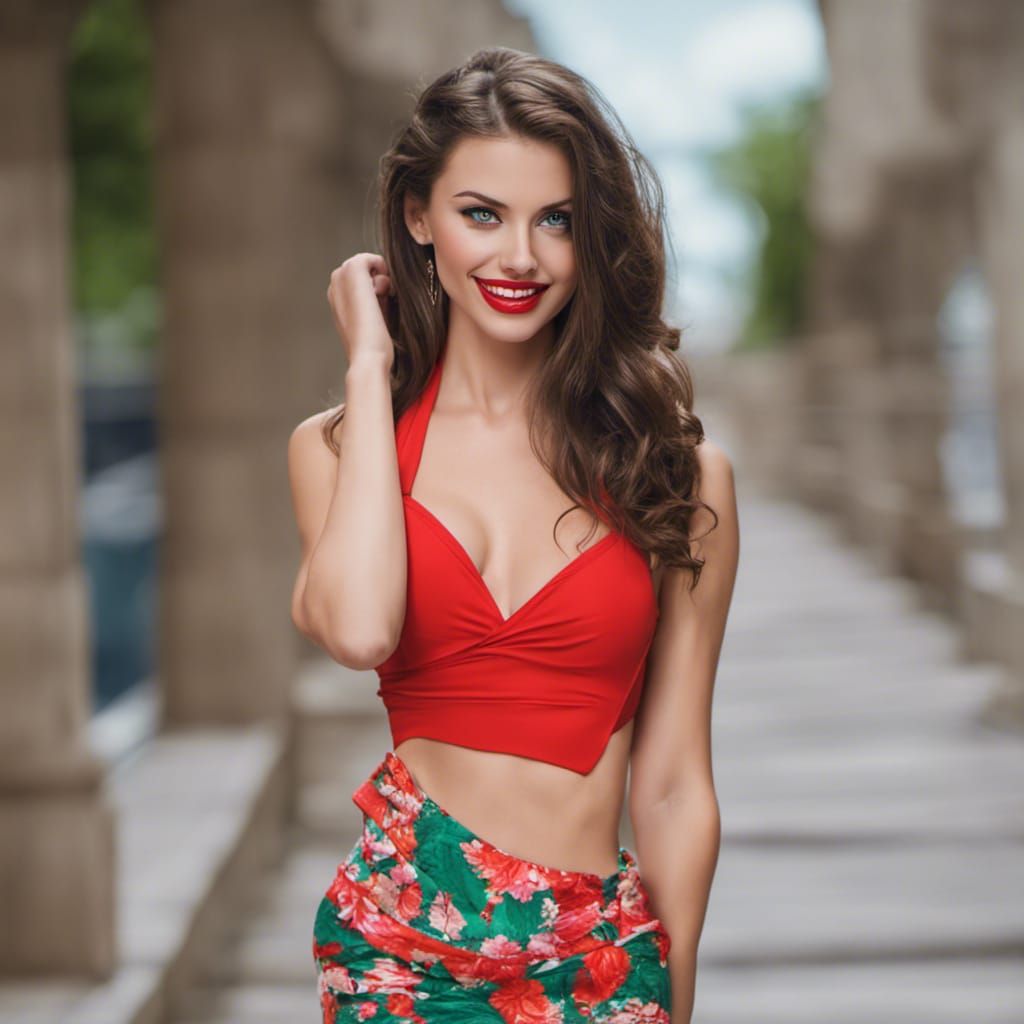 Beautiful Brunette with Green Eyes and Red Lips