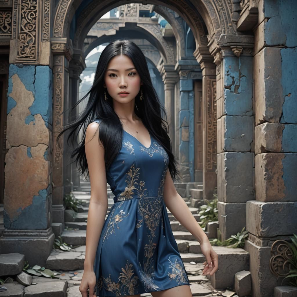 Beautiful Asian Woman in Blue Dress, Photo-Realistic