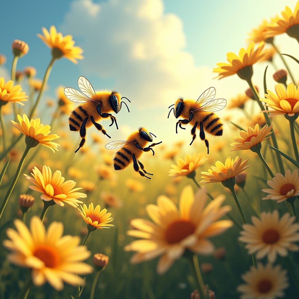 Bees in Daisy Field: Environmental Concept Art