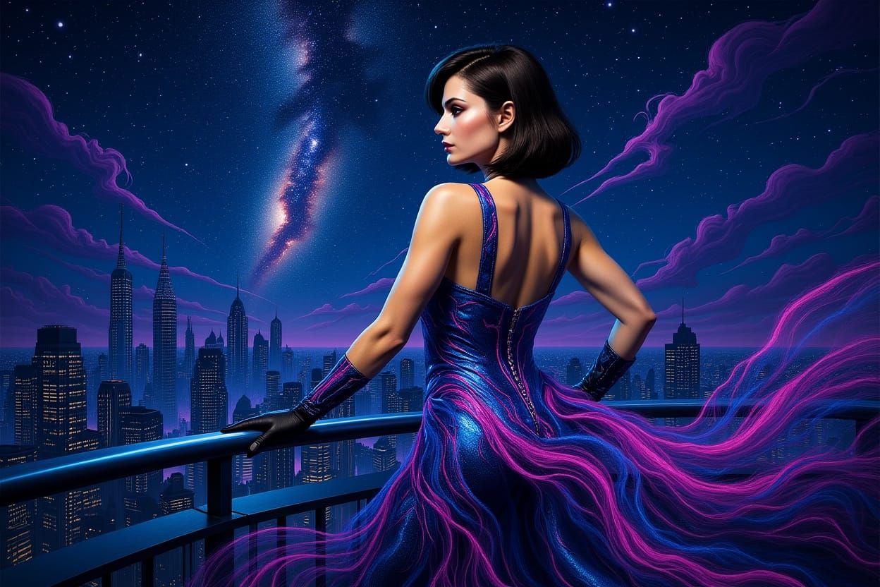 Nebula Fashion Woman Overlooking Neon City