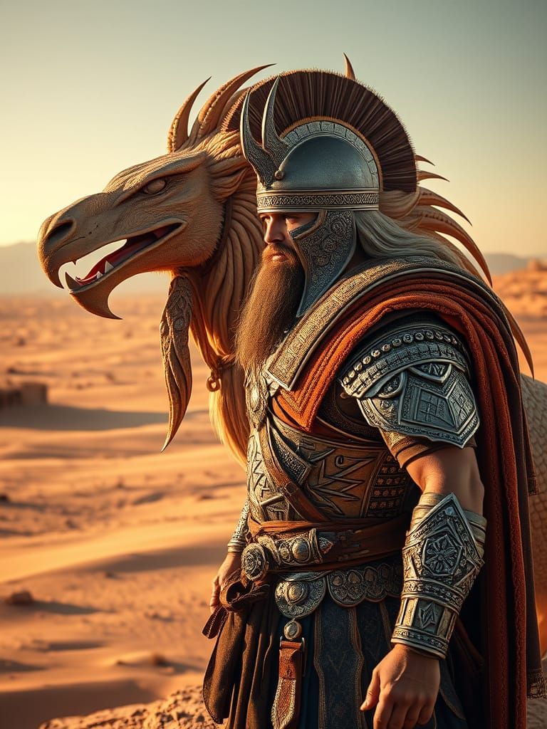 Assyrian Warrior and Mušḫuššu Beast in Desert Landscape