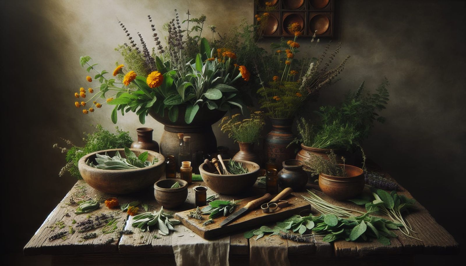 Rustic Herbal Medicine Scene with Sage and Marigold
