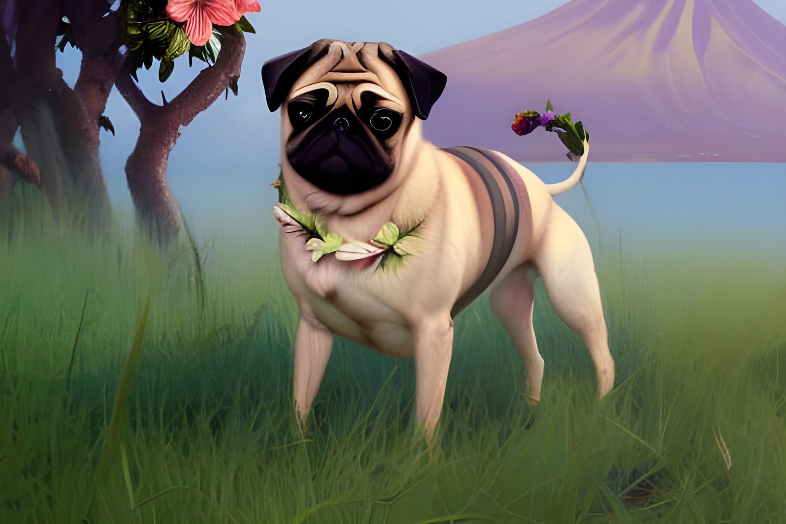 Pug in Hawaii Portrait, Digital Art Style