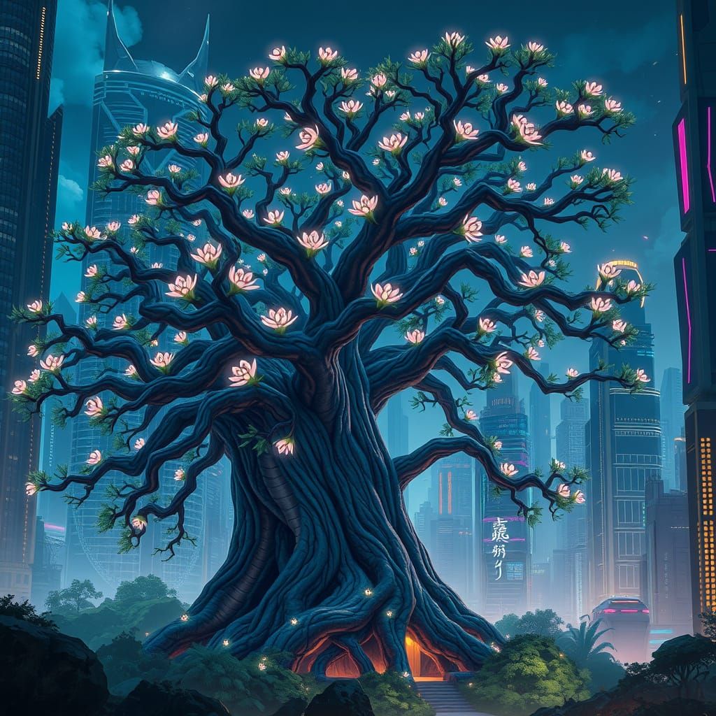 Futuristic Cityscape Embraces Ancient Tree with Bioluminesce...
