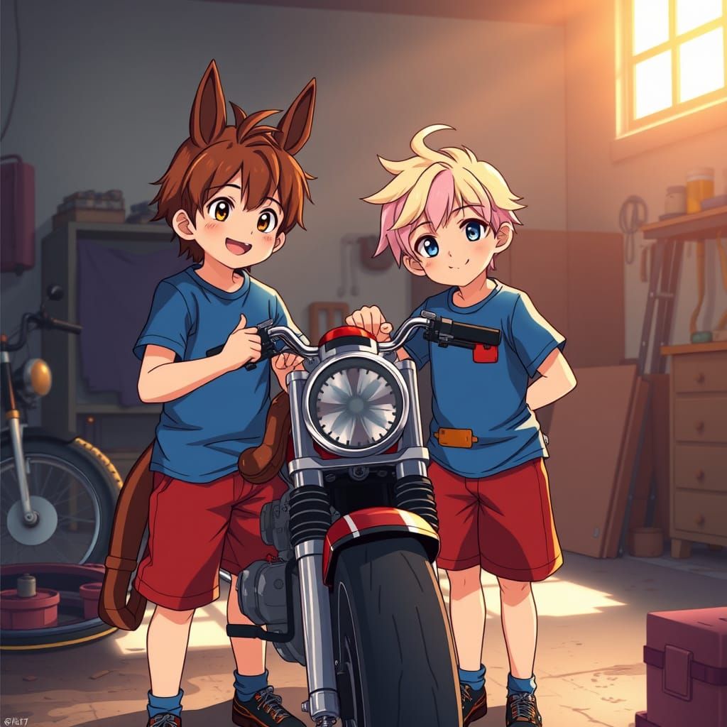 Boys Repairing Motorcycle in Anime Style
