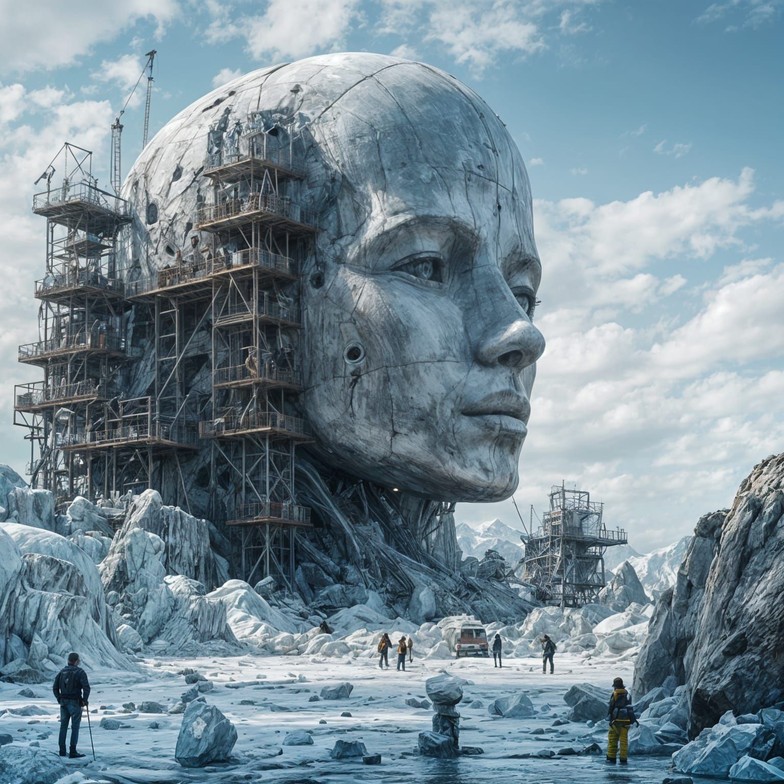 Surreal Solarpunk Head Corrupted by Rotting Ice