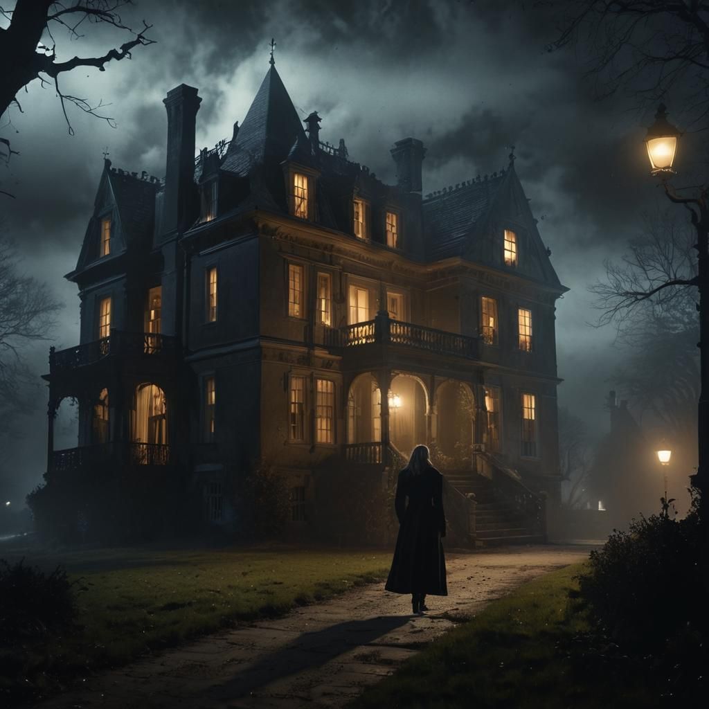 Dramatic Noir: Woman Approaches Gothic Manor at Night