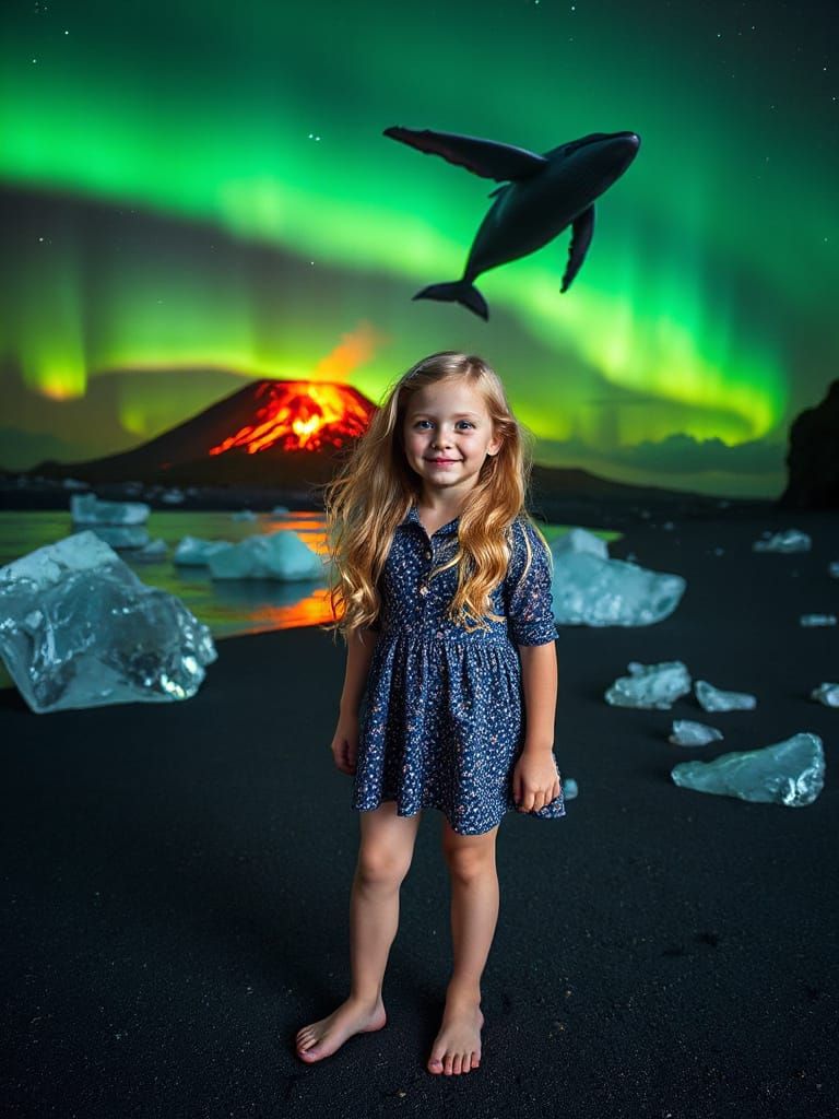 Icelandic Girl Under Aurora With Winged Whale