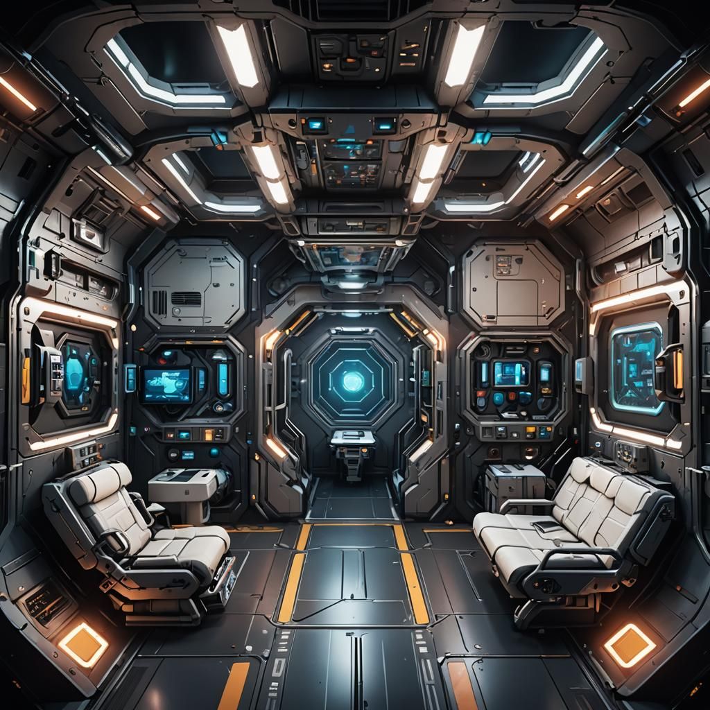 Futuristic Spaceship Interior in Top-Down 3D Style
