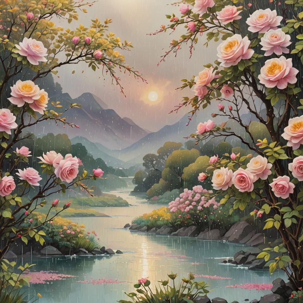 Impressionist Valley of Roses in Rain with Rainbows