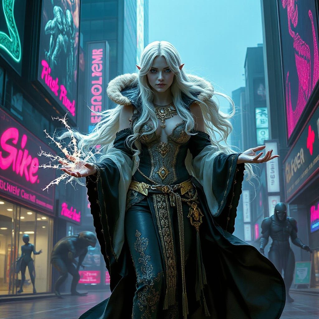Cyberpunk Sorceress Levitates in Futuristic City with Mystic...
