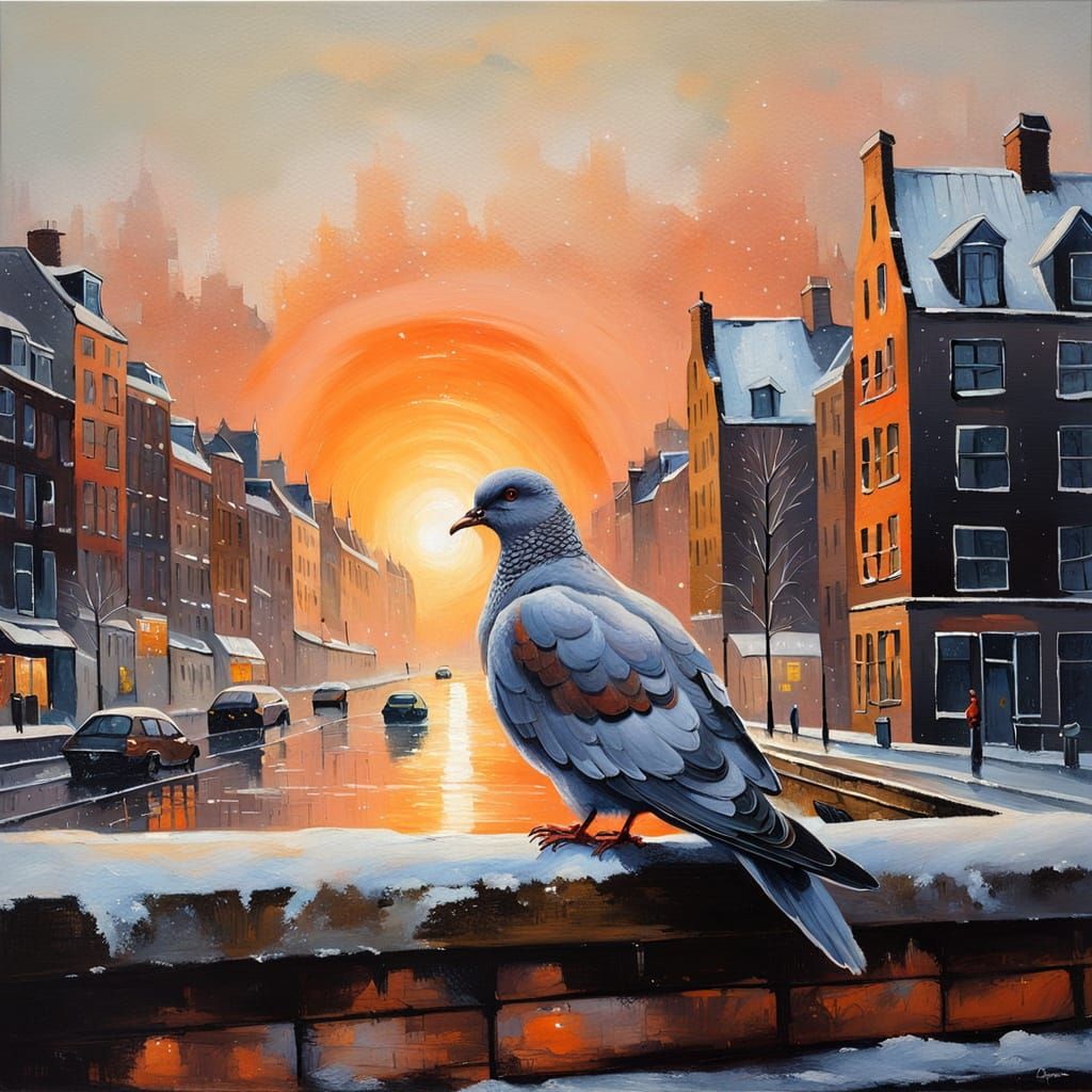 Impressionist Dove on Amsterdam Wall in Snowy Sunrise