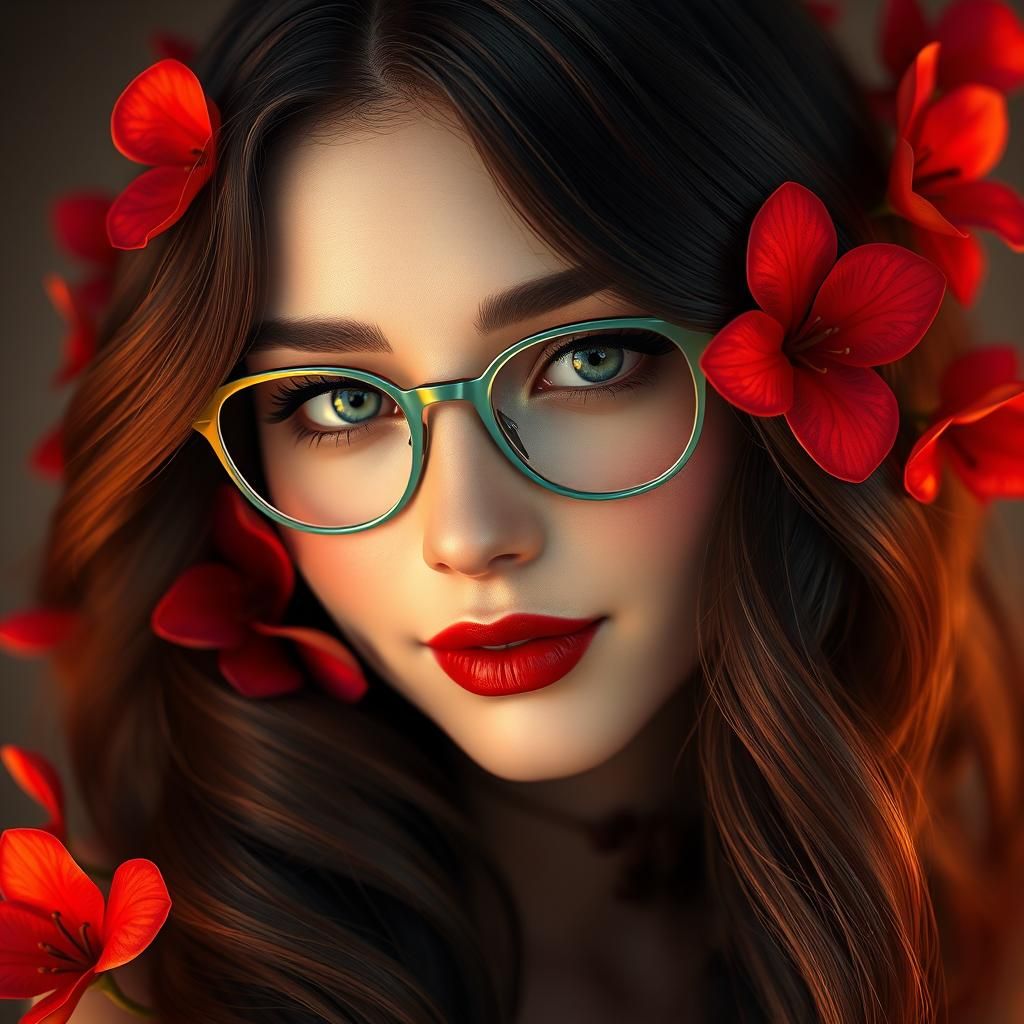 Woman with Dark Hair and Blue Eyes in Art Nouveau Style